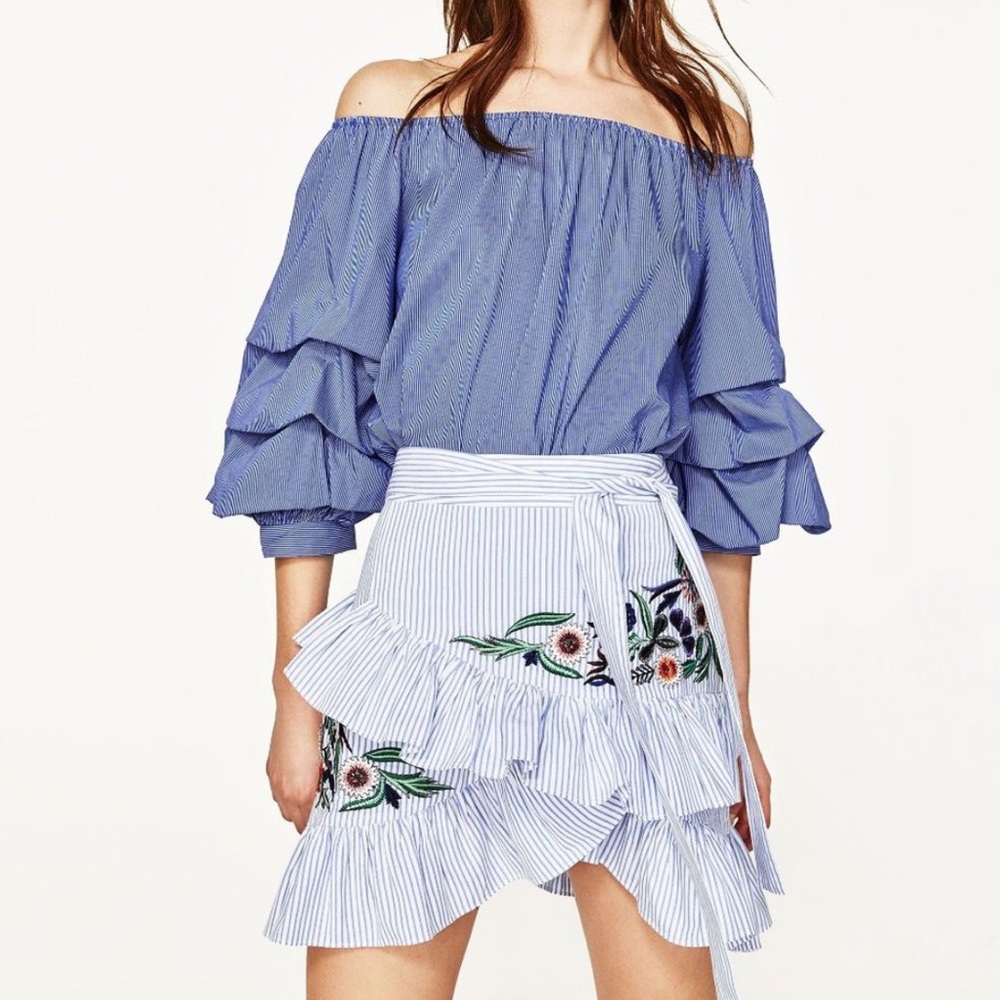 Zara pinstripe floral embroidered skirt